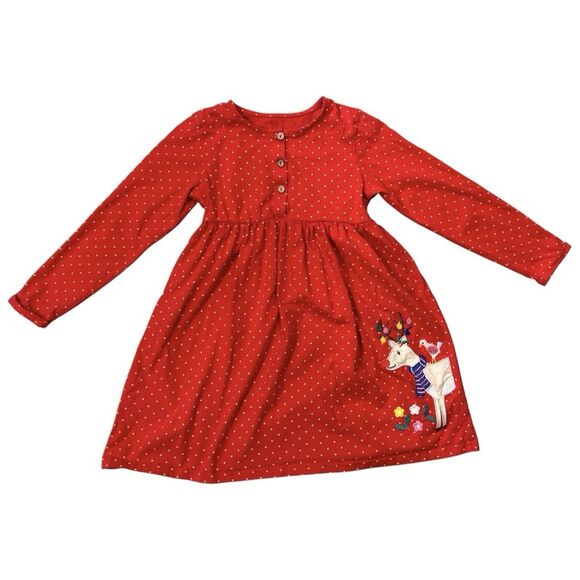 Red Girls Cotton Polka Dot Long Sleeve Reindeer Appliqué Christmas Dress Size 7 - Picture 1 of 4